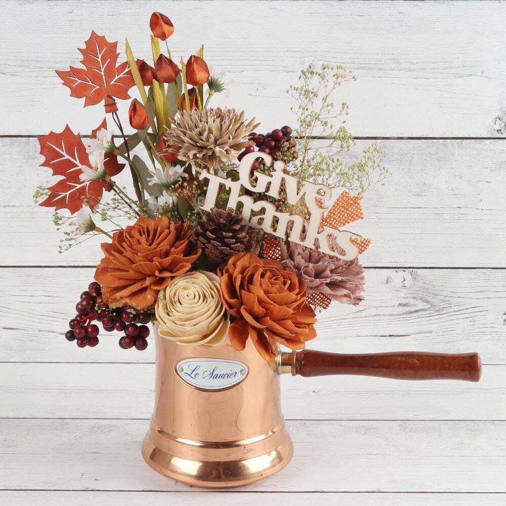 Copper Saucepan Fall Floral Arrangement, Sola Wood Flowers, Farmhouse Decor